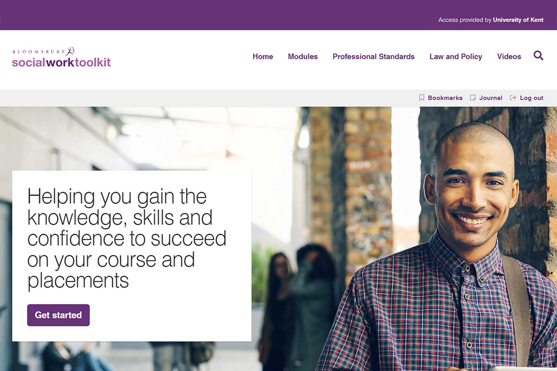 Image taken from the Bloomsbury Social work Toolkit website shows a smiling male student. There is a text box that says 'Helping you gain the knowledge, skills and confidence to succeed on your course and placements.