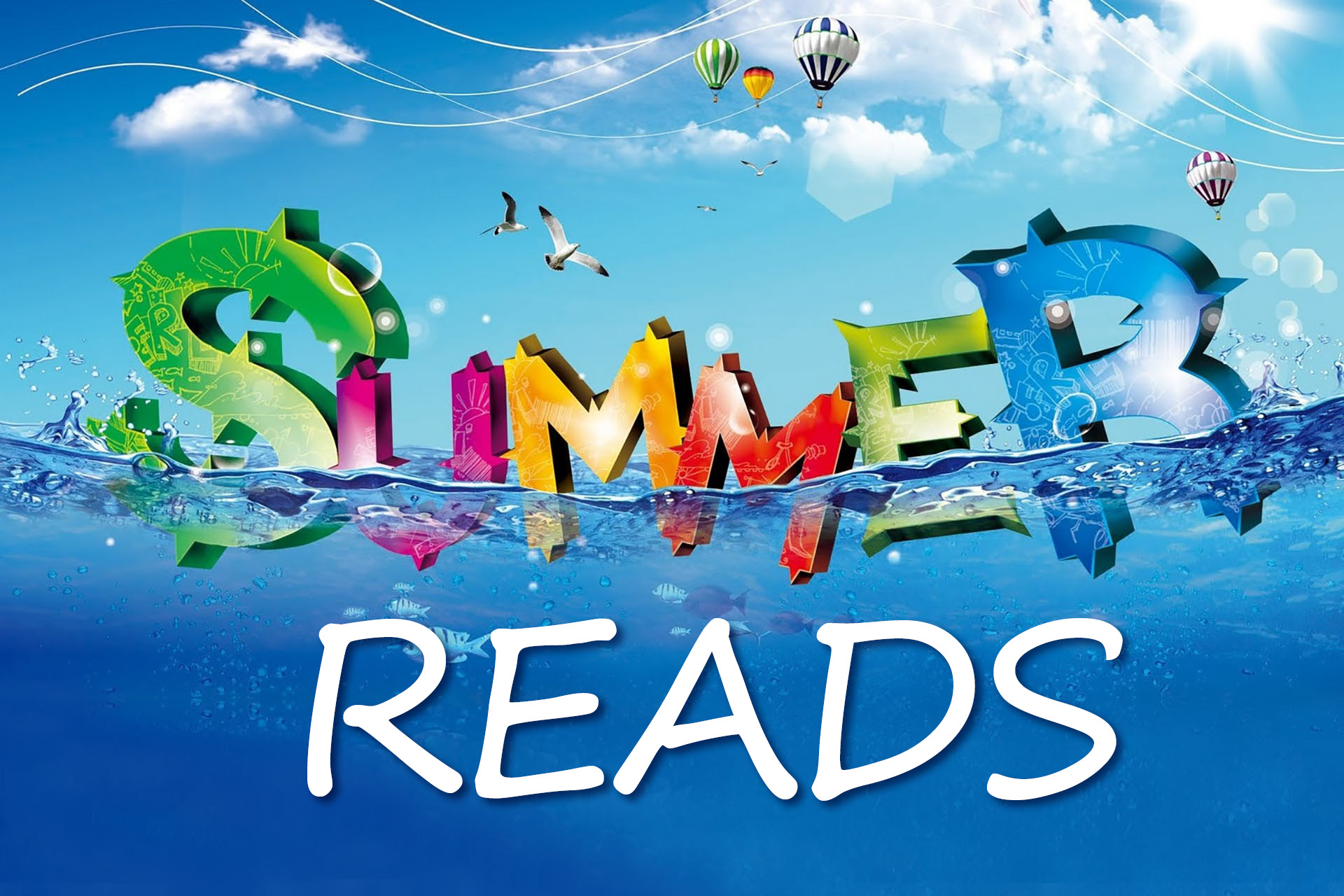 Summer reads - 'summer' letter floating on the sea with blue skies and hot air balloons