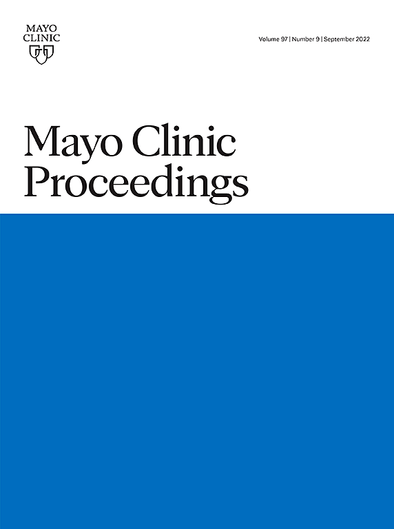 image of journal cover. top half shows the title Mayo clinic proceedings. The bottom half is solid blue