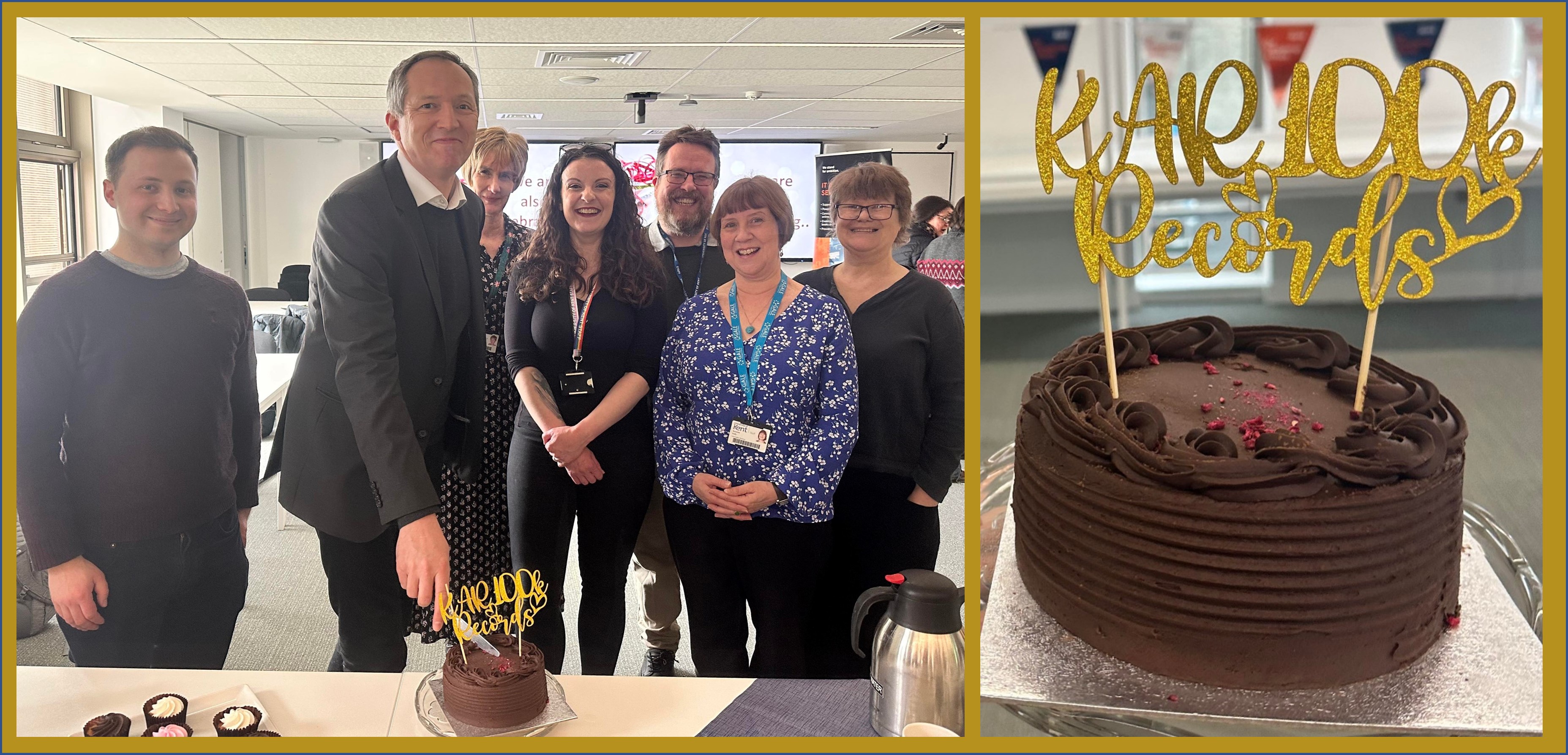 Two pictures. Left picture is a group of people gathered for a cake cutting. Right picture is a close up of the chocolate cake and the glitter gold cake topper, 'KAR 100K Records'