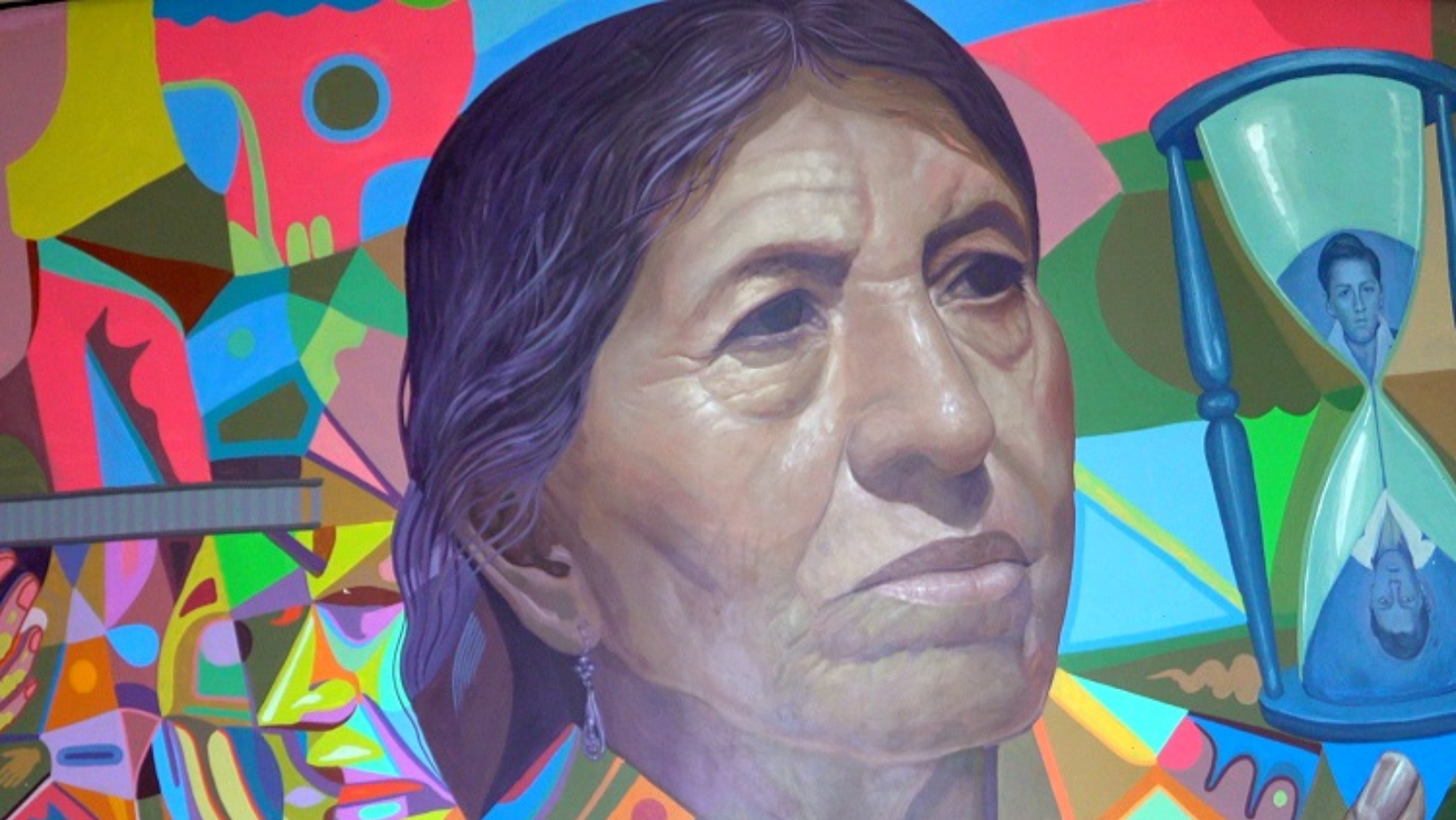 Wall art of a peruvian woman with a colourful background
