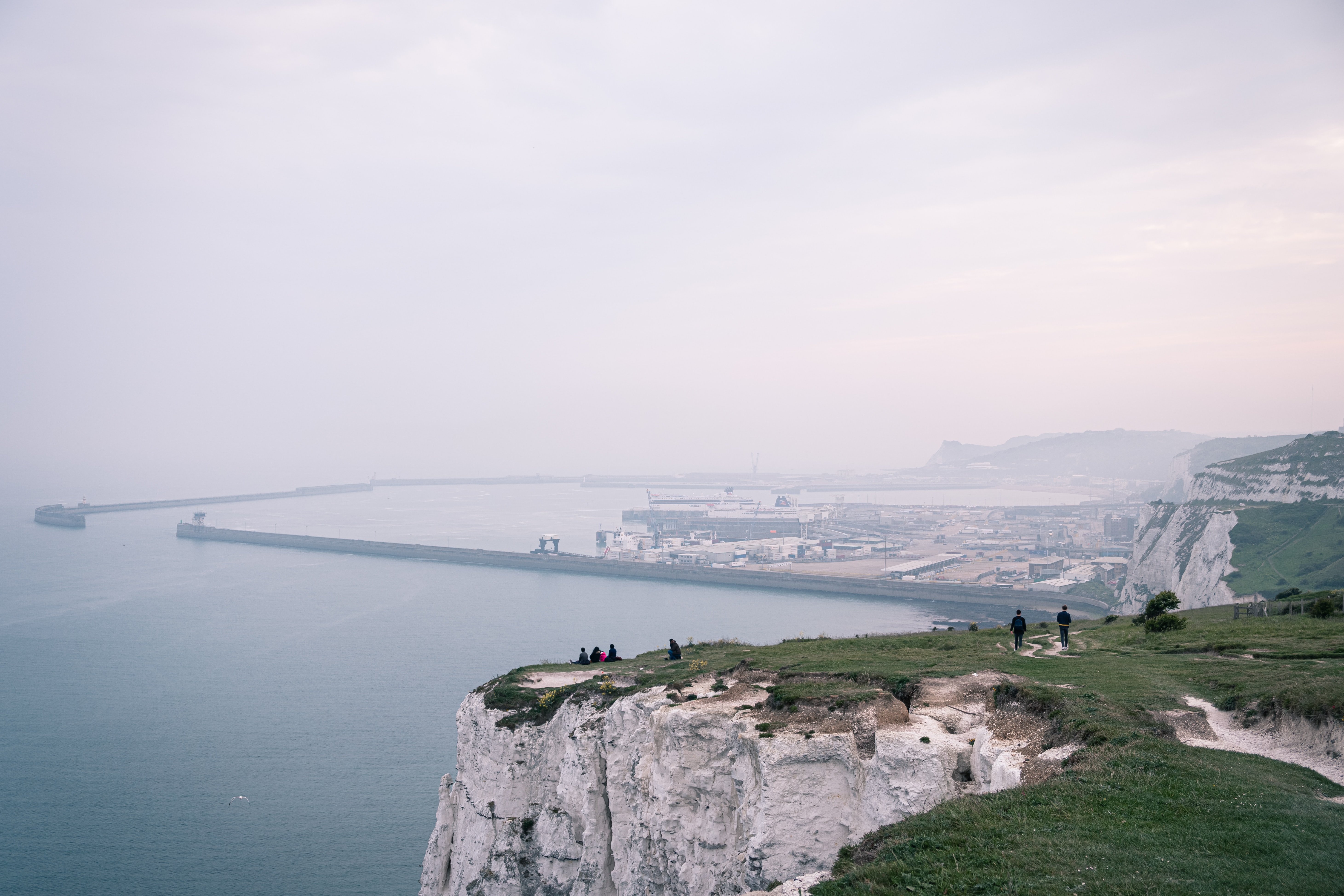 View of a foggy Port of Dover from the cliffs
