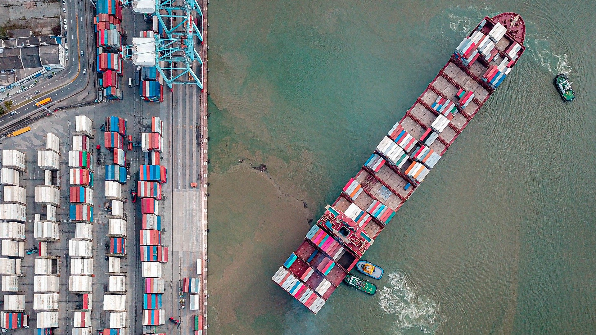 A ship loaded with containers in a port