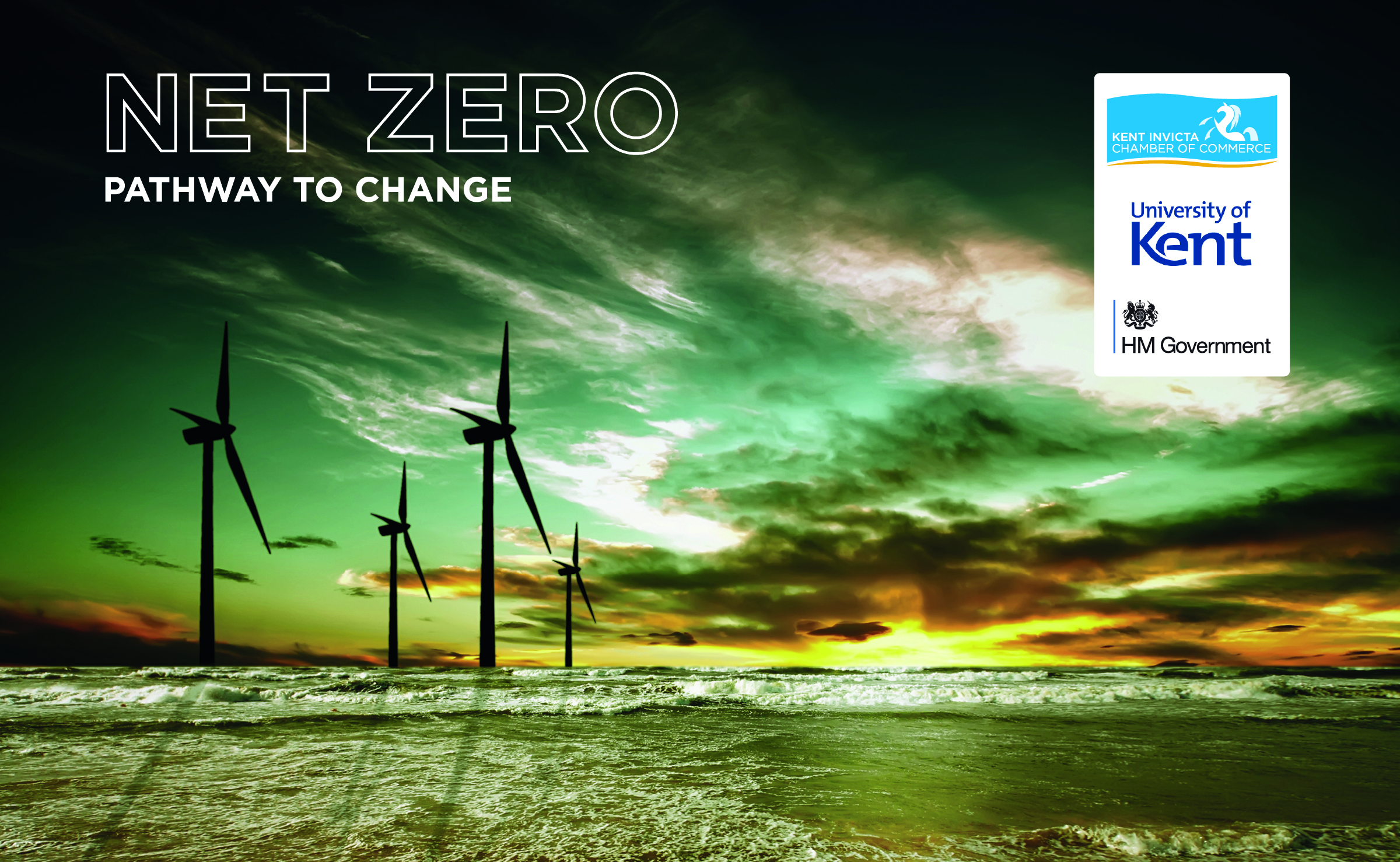 An image of wind turbines with 'Net Zero Pathway for Change' overlayed