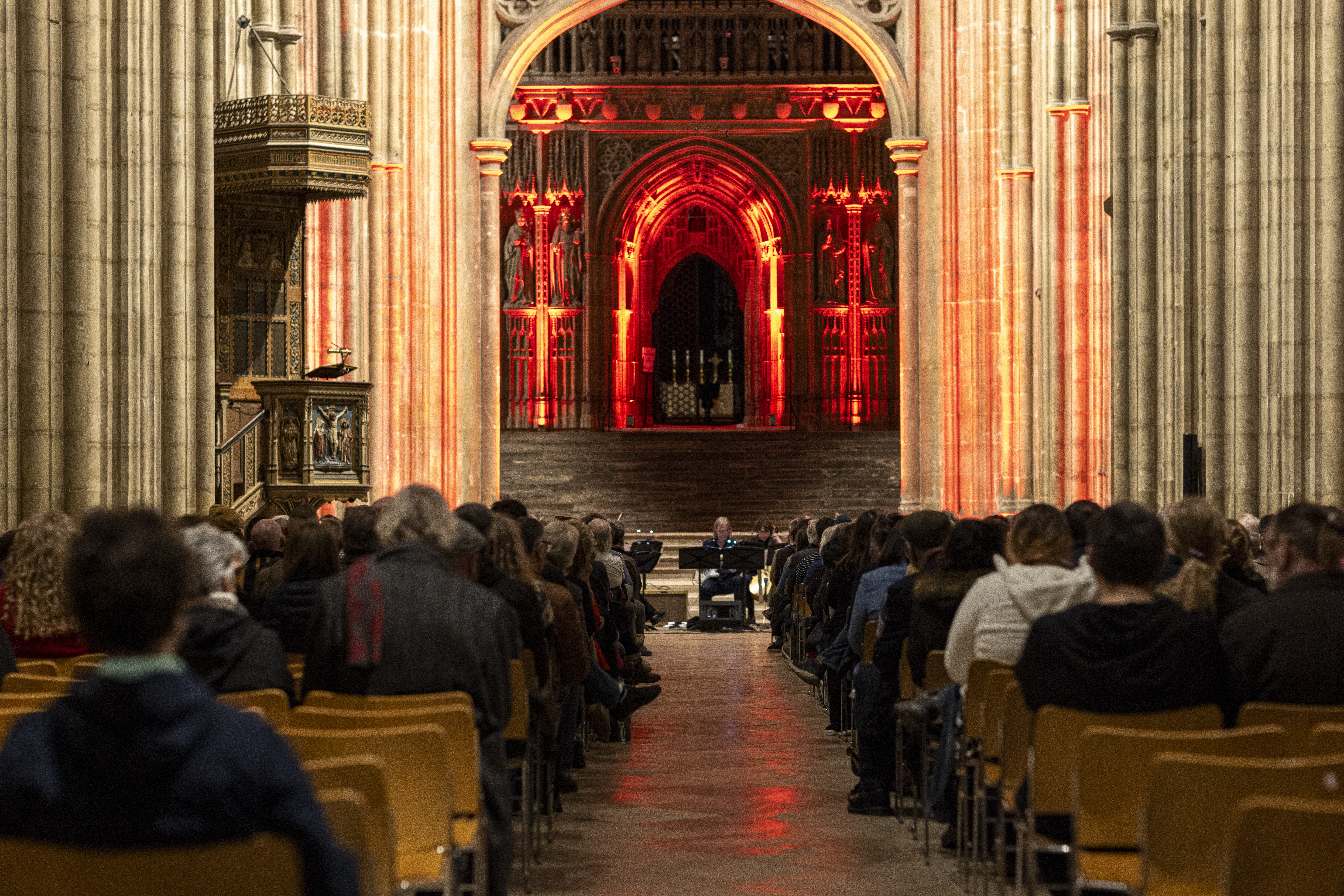 Students perform with the Gavin Bryars Ensemble at Canterbury Cathedral