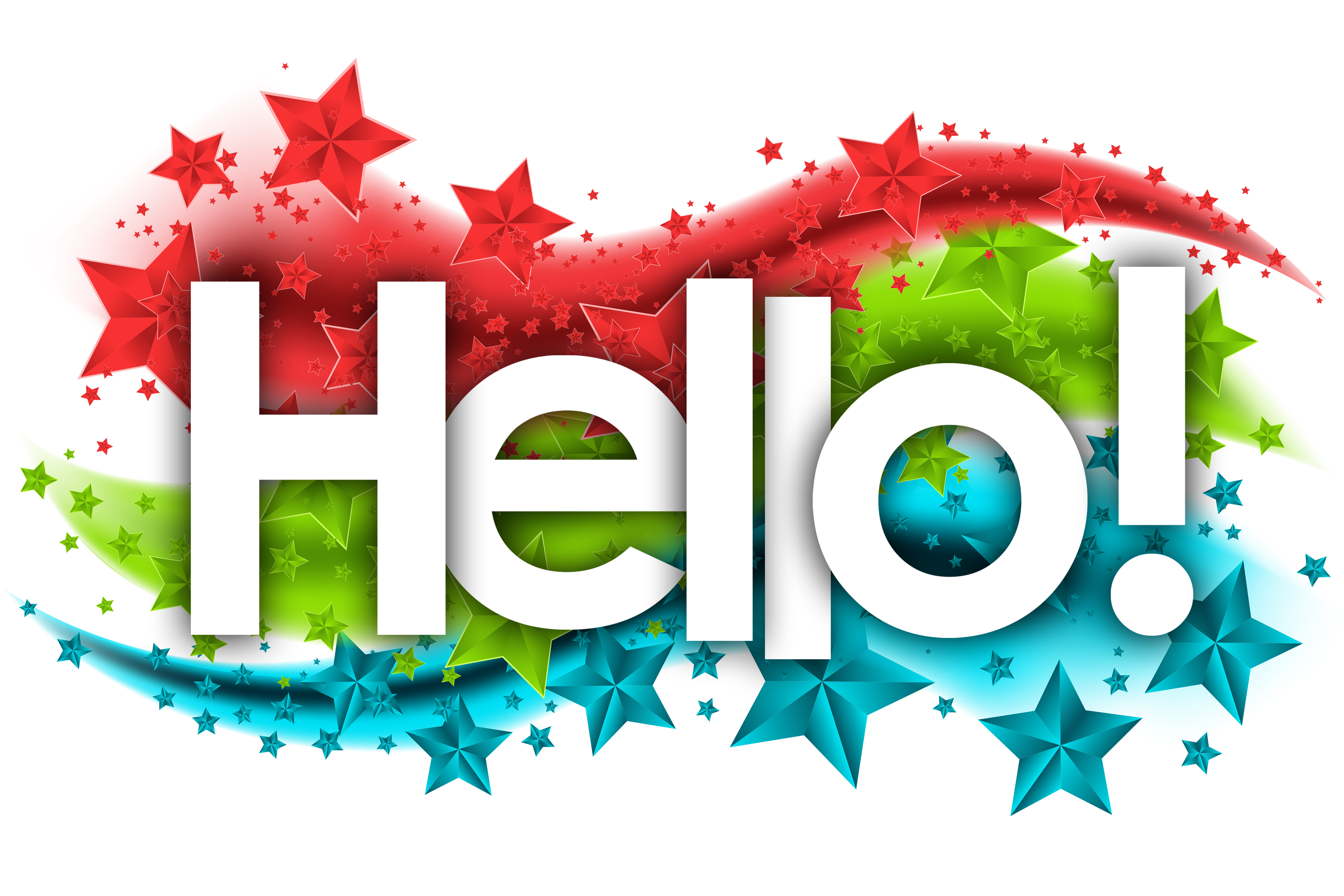 Hello! with a background of red, green and blue stars