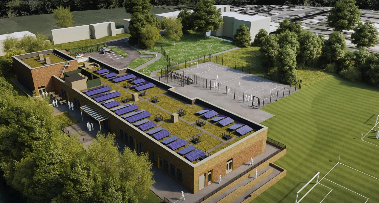 A visualisation of a school with a green roof and solar panels