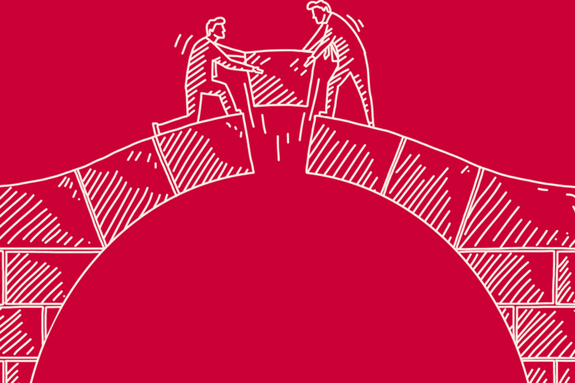 Line drawing of two individuals laying the final stone in a bridge together (detail from volume cover).