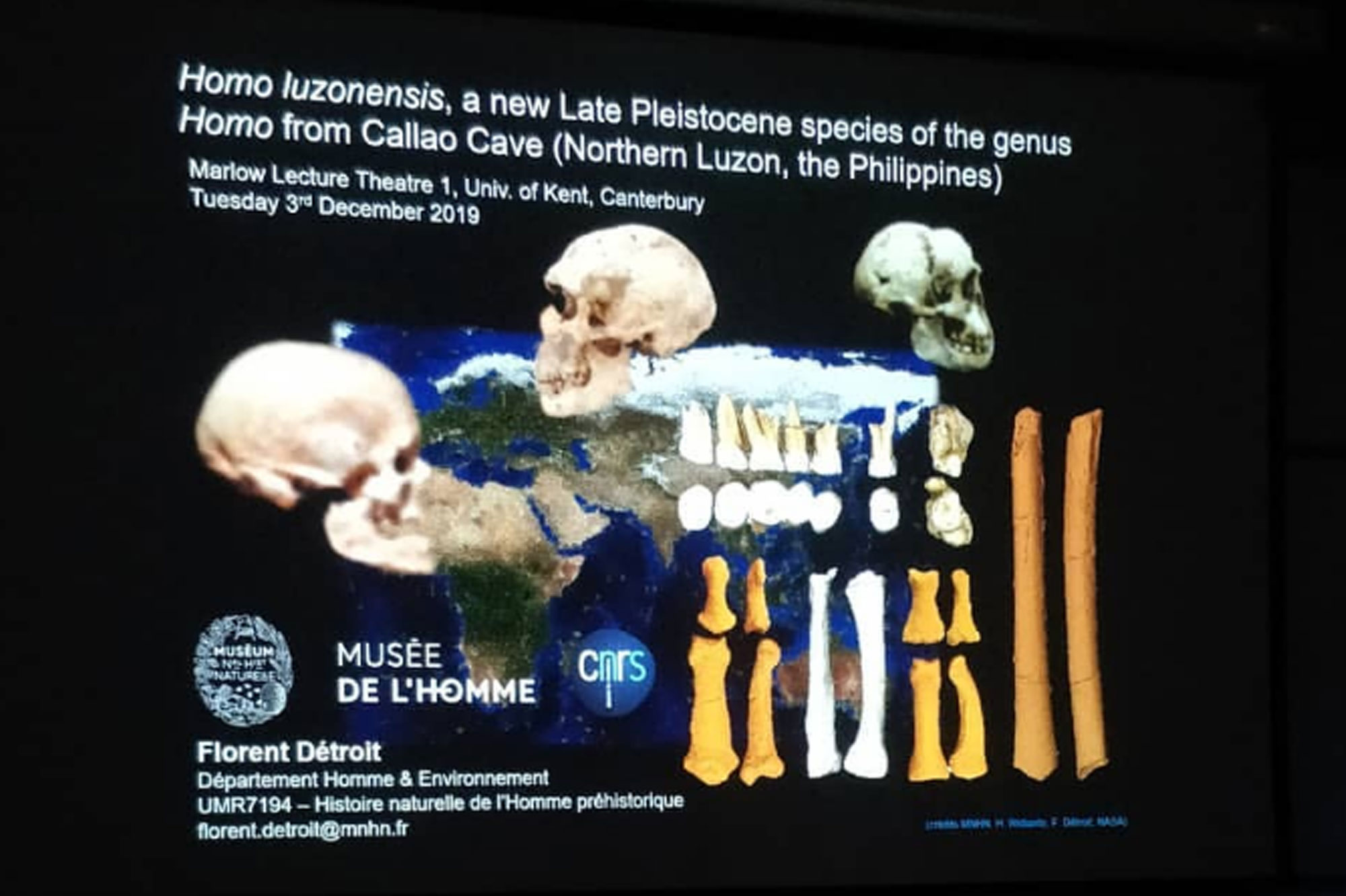 Opening slide for Dr Florent Détroit's talk entitled 'Homo luzonensis, a new species of the genus Homo from the Late Pleistocene of Callao Cave (Northern Luzon, the Philippines)