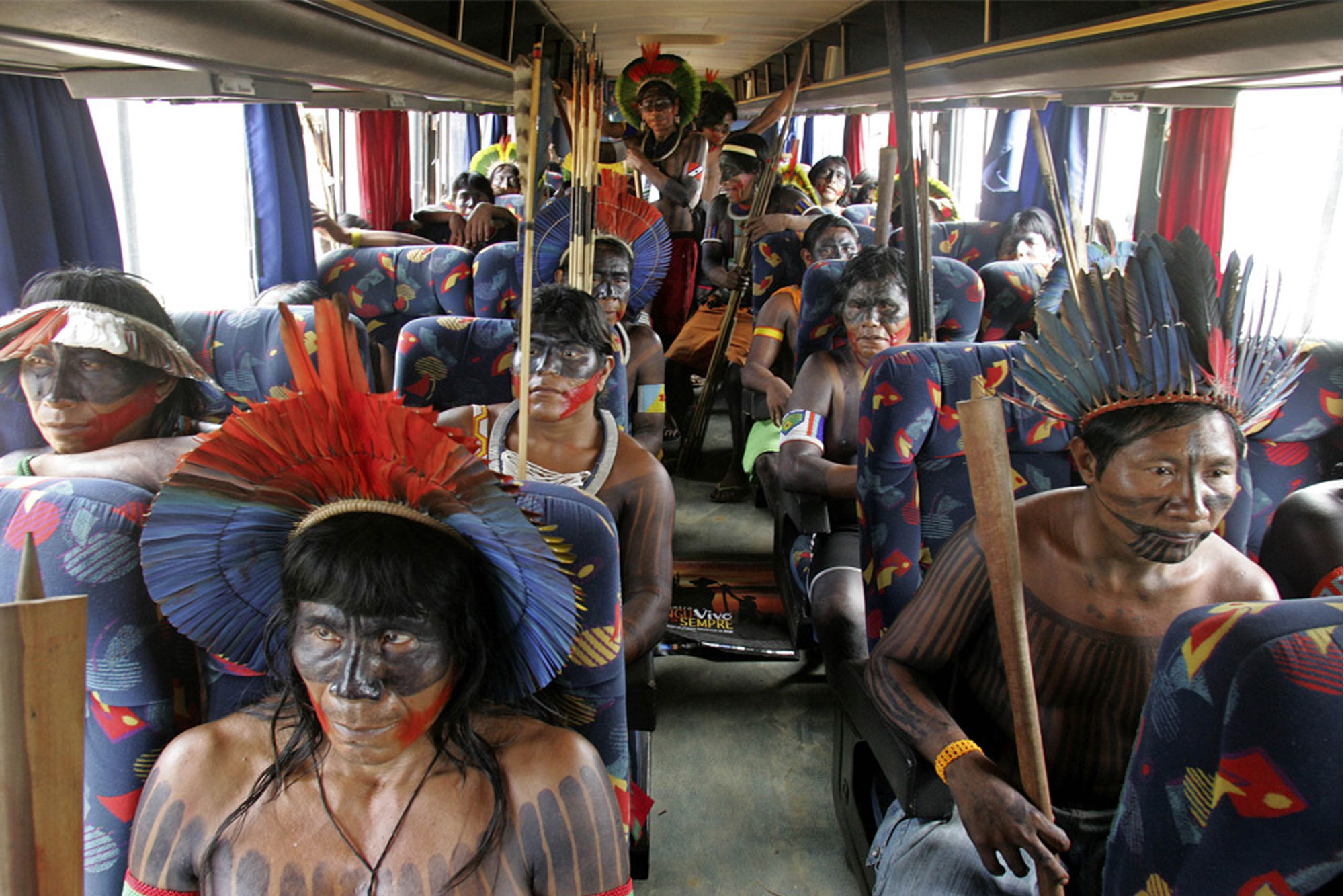 Amazonian Kayapo leaders and activists protest a proposed hydroelectric dam on the Xingu River