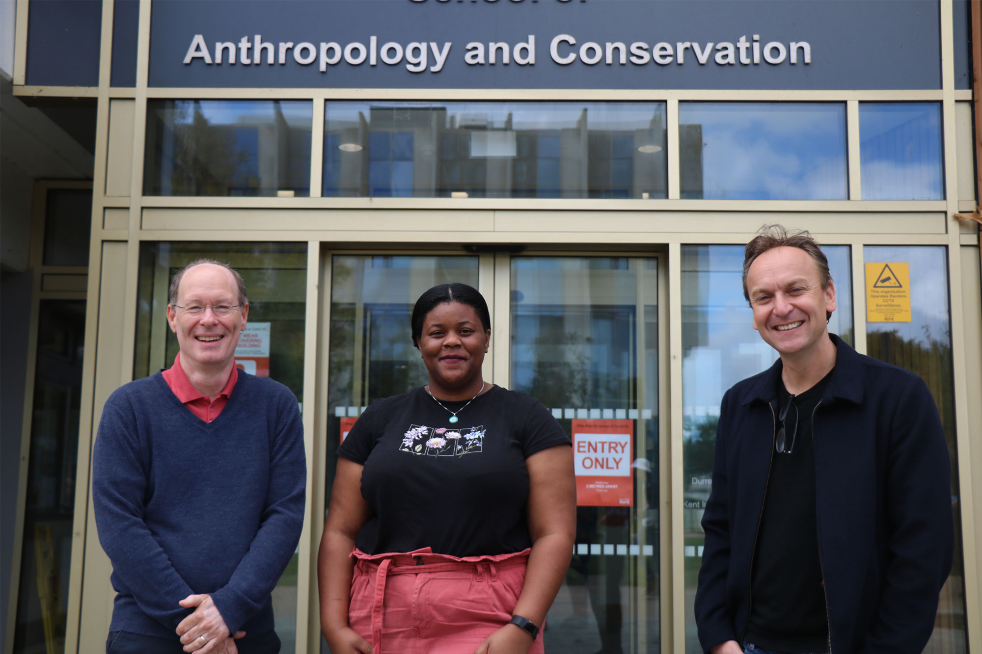 Dr Mark Hampton, Oshin Whyte and Dr Robert Fish outside the School of Anthropology and Conservation