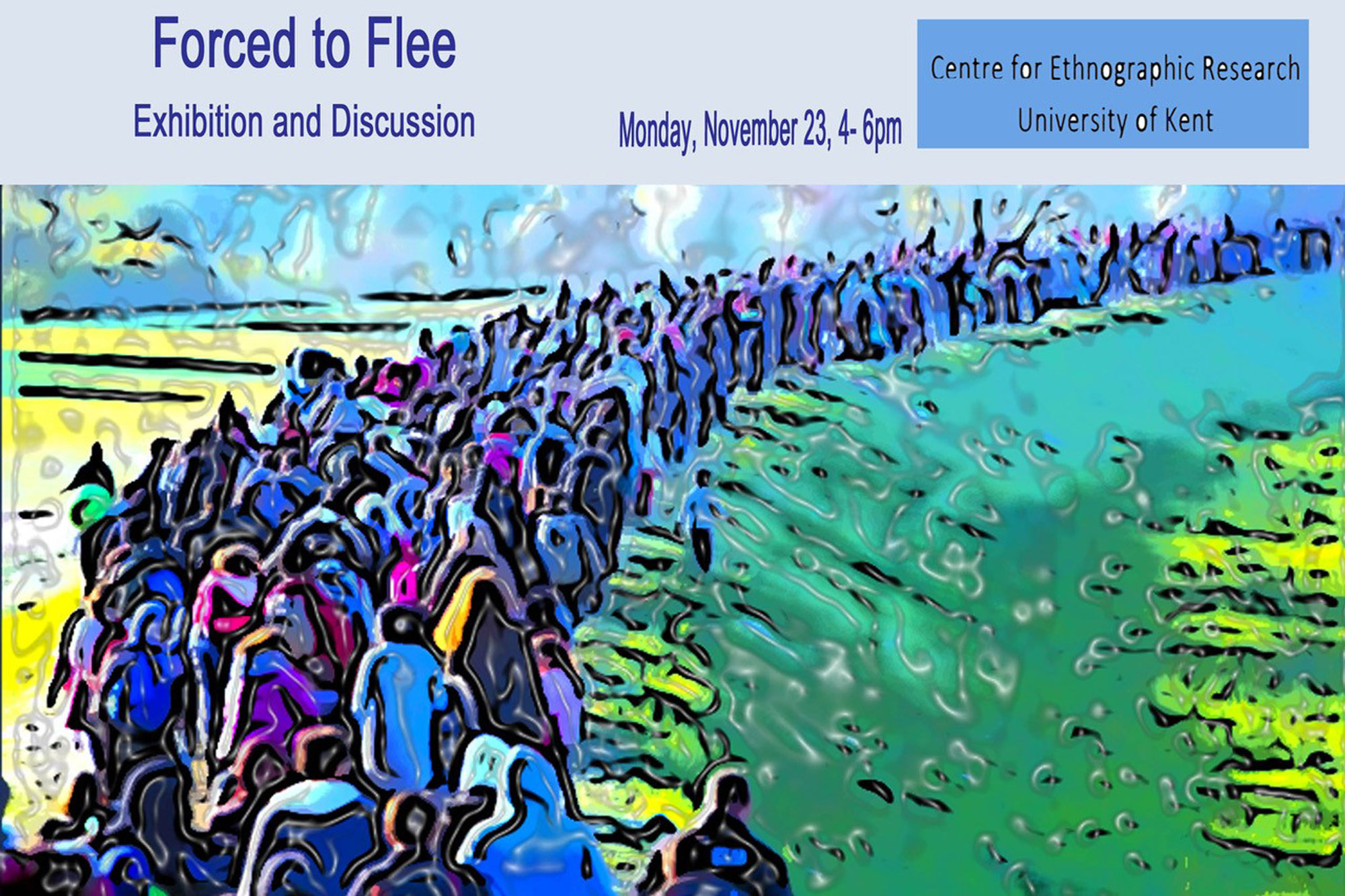 Forced to Flee: Exhibition and Discussion poster with abstract graphic rendition of refugees thronging a shoreline