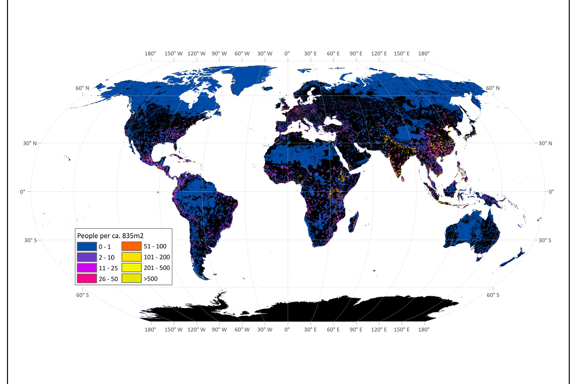 World map showing population per ca. 832m2