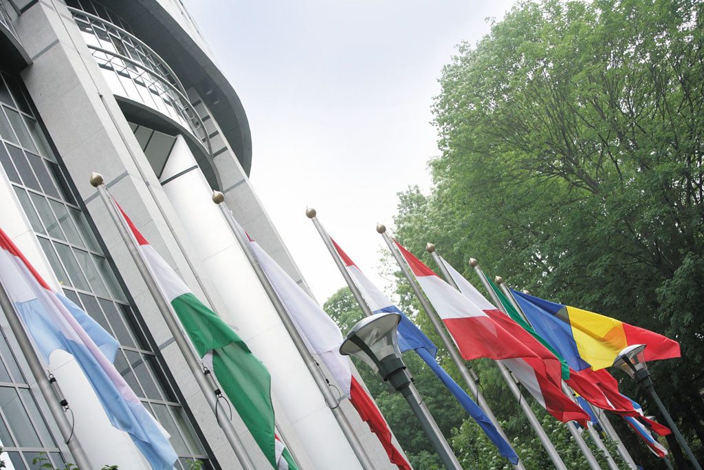 Flags outside Brussels Campus