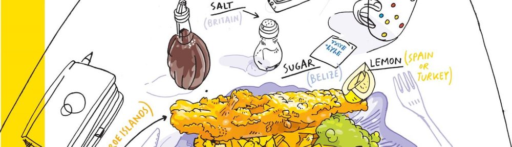 Colour illustration of a plate of fish and chips with condiments labelled with their place of origin, such as cod from the Faroe Islands, vinegar from the United States and lemon from Spain or Turkey