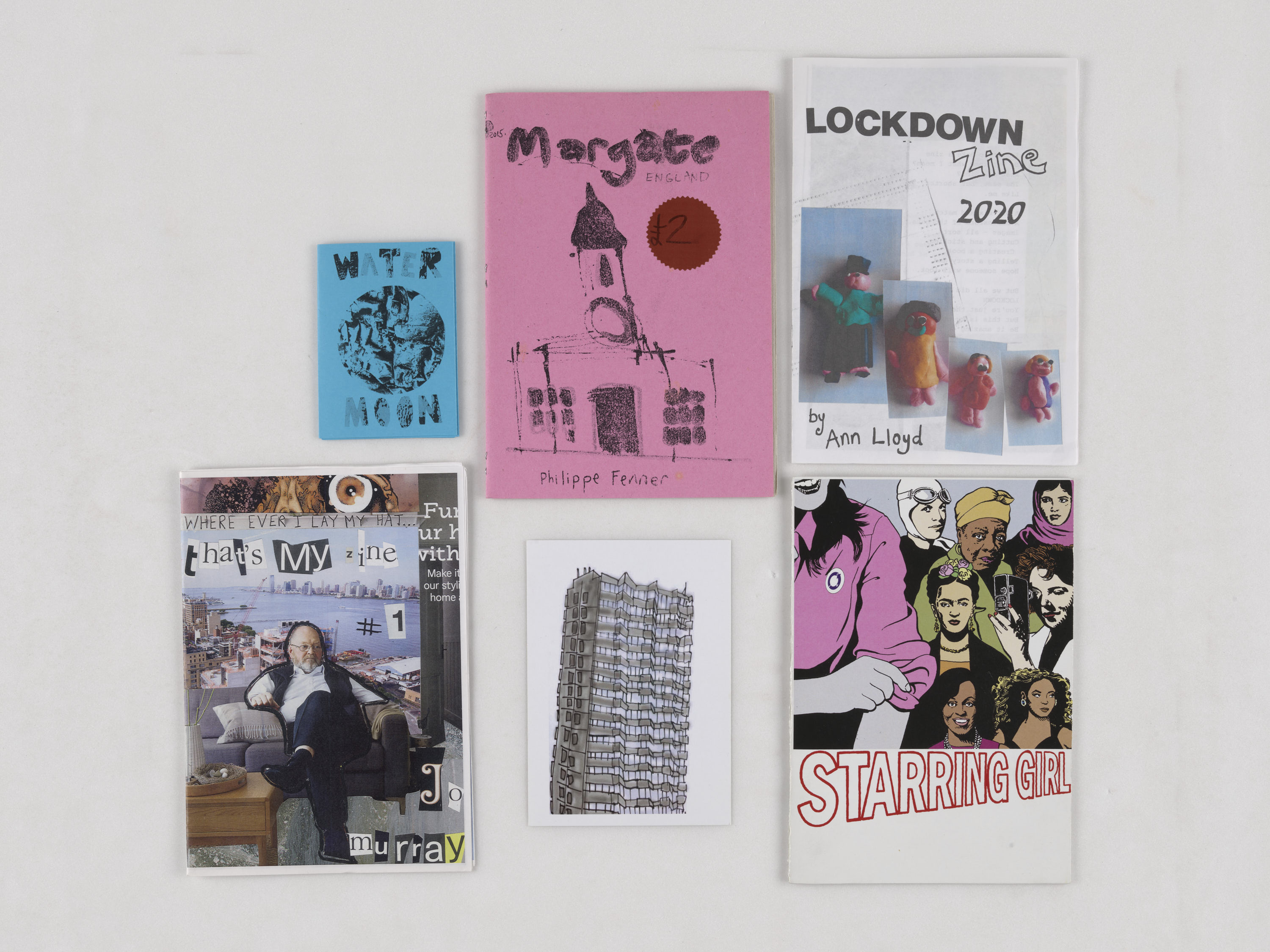A photograph of 6 items from the collection, their covers facing the viewer.
