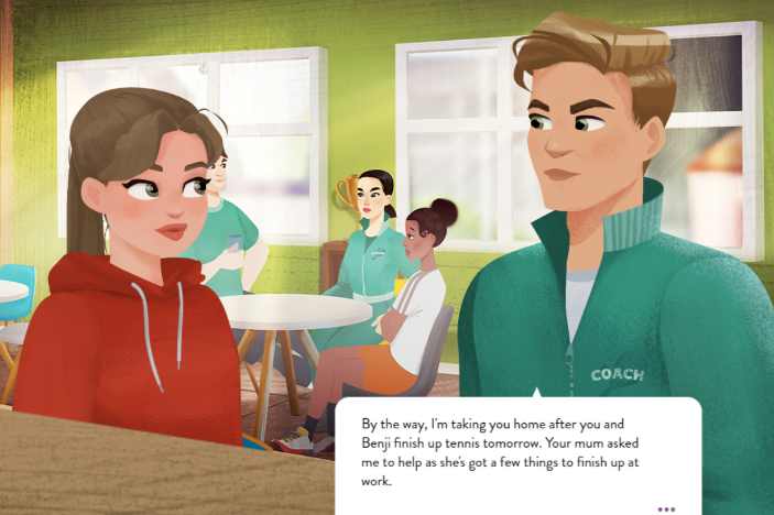 Image of two people talking. Taken from Izzy's story simulation.