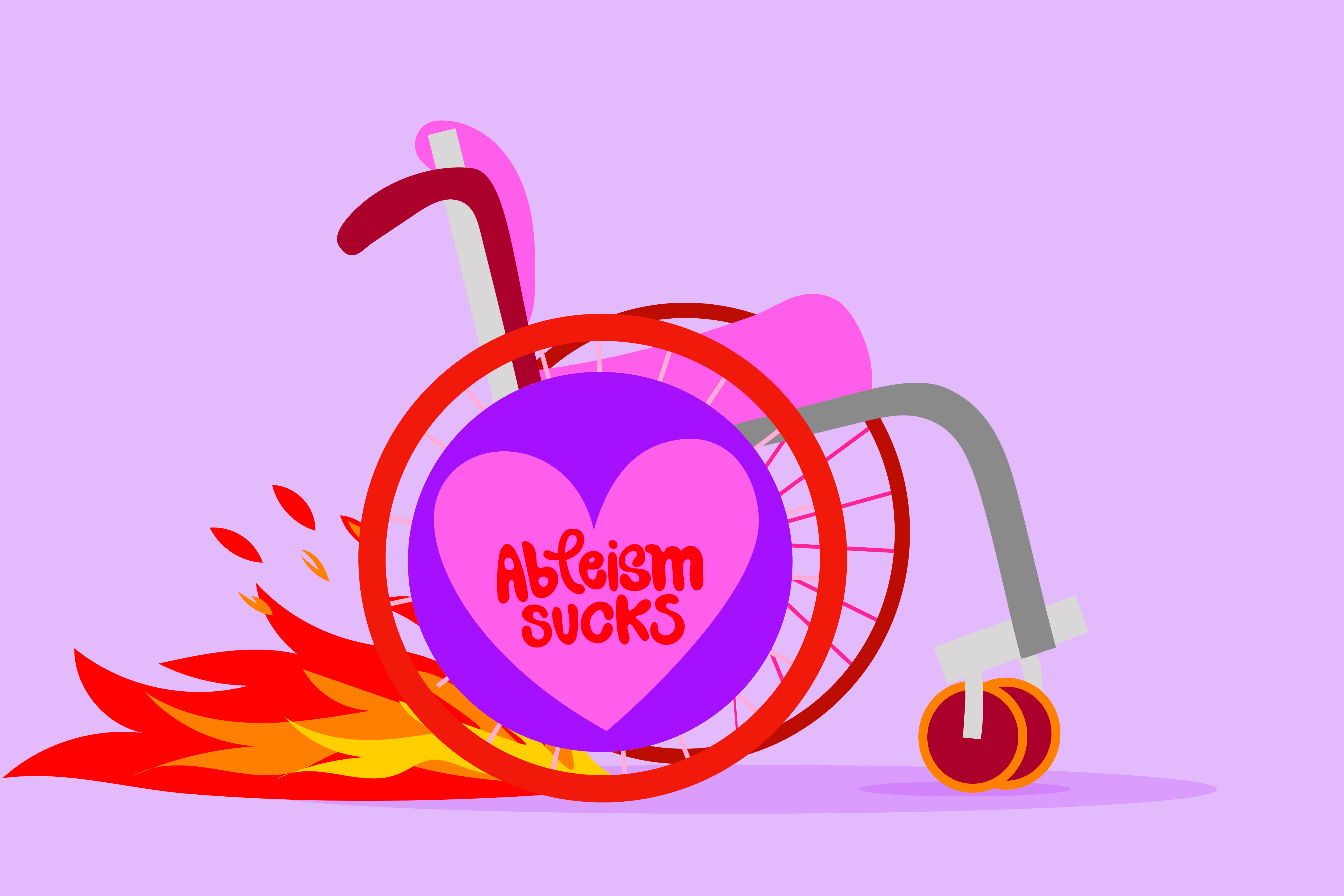 Illustration of the side view of a wheelchair. The centre of the large back wheel is purple with a pink heart, and says 