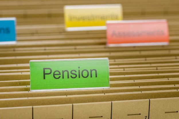 Hanging file folder labeled with Pension
