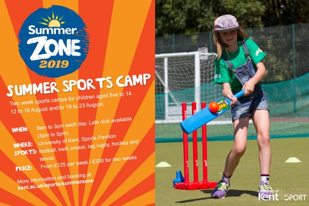 Girl playing cricket with event information for summerzone 2019