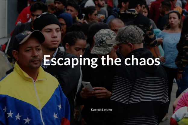 A crowd of people men and woman with one man in a yellow, red and red jacket at the forentfront. The words 'Escaping chaos' and Kenneth Sanchez are written over the top of the image.