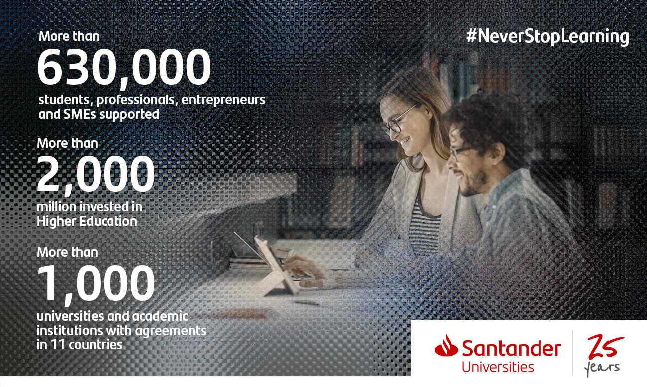Santander artwork - students looking at computer screen with santander logo