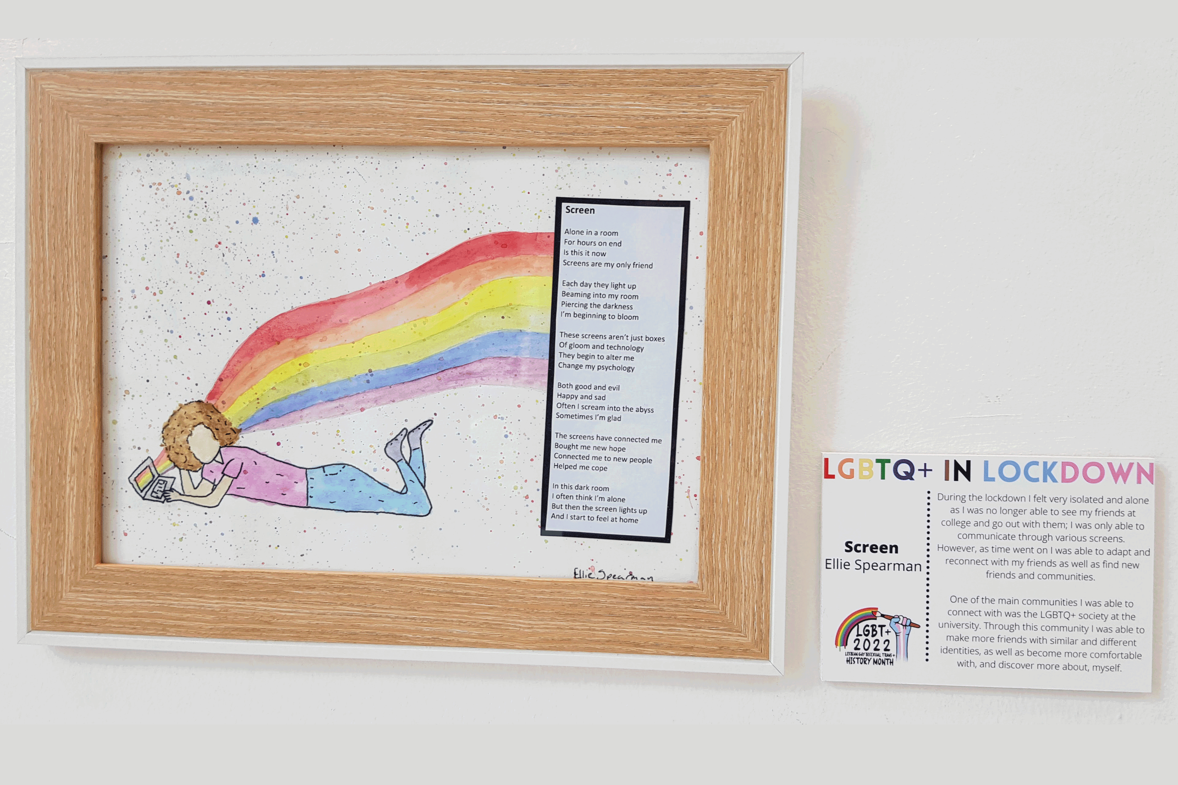 Art piece showing student on laptop with rainbow coming out of it. By student Ellie Spearman