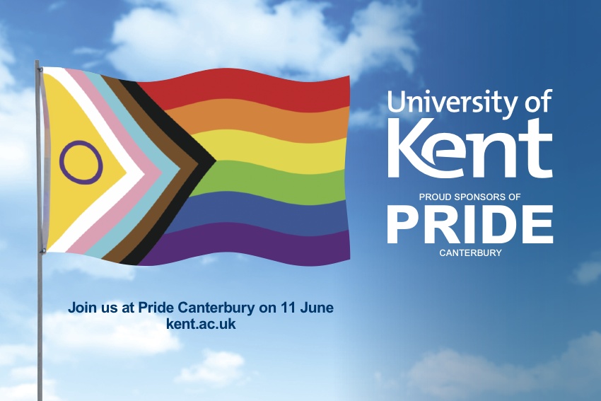 Pride flag with Kent logo and copy 'The University of Kent proudly sponsors Pride Canterbury