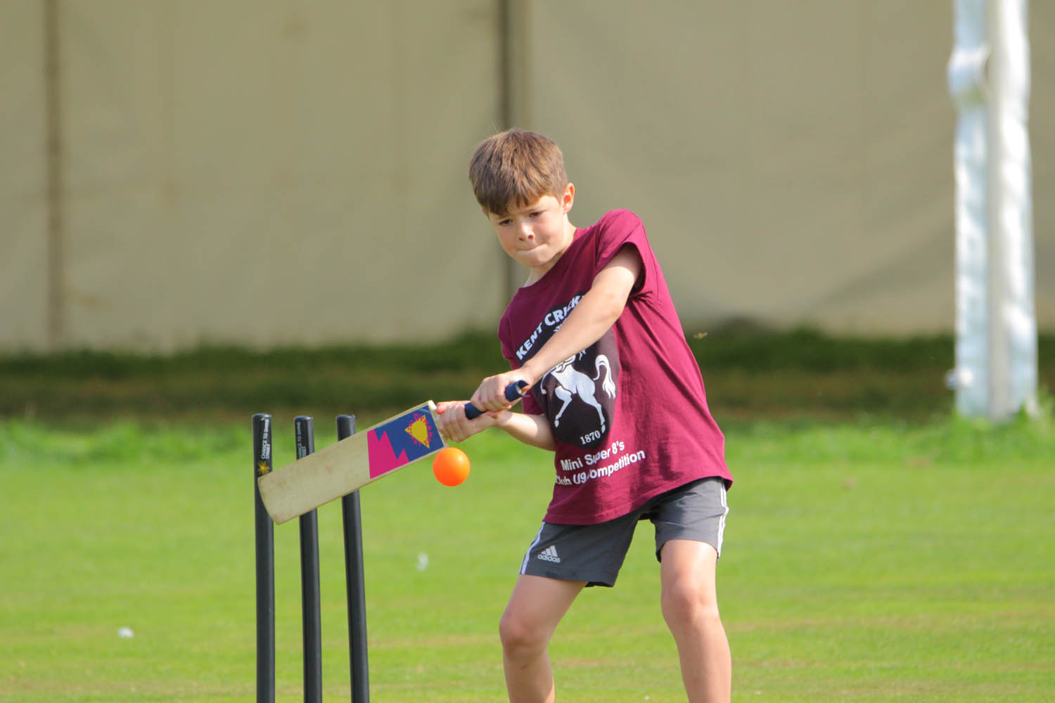 Boy playing cricket, hitting a cricket ball with a bat