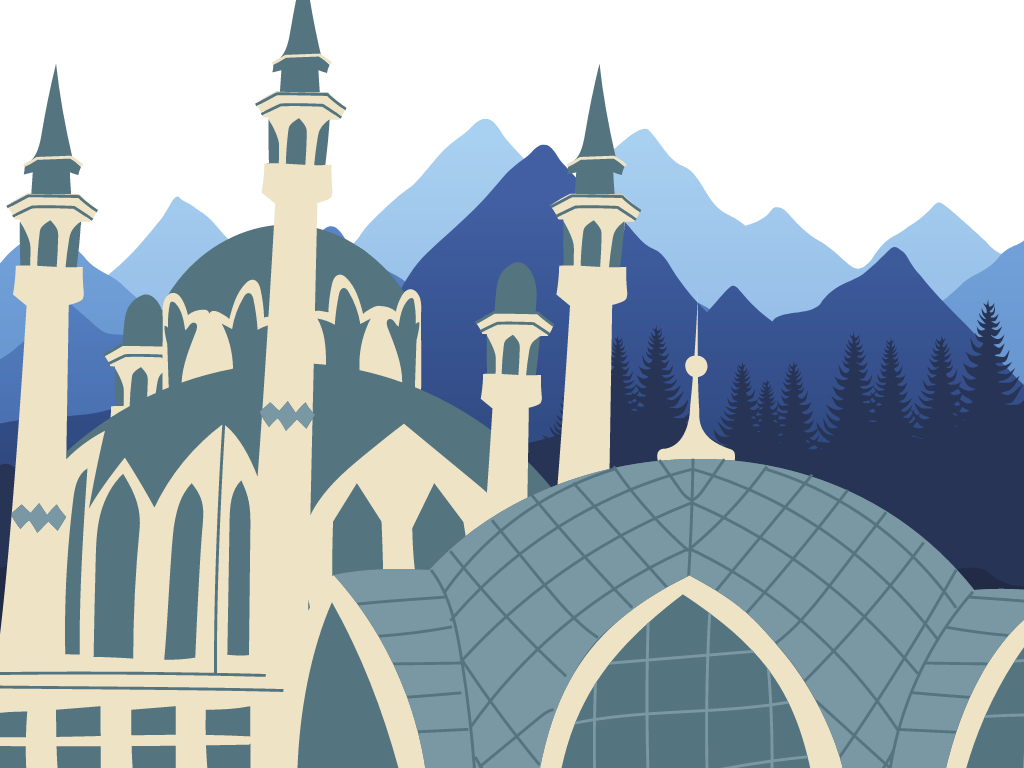 Illustration of mosque on background with blue mountain silhouettes