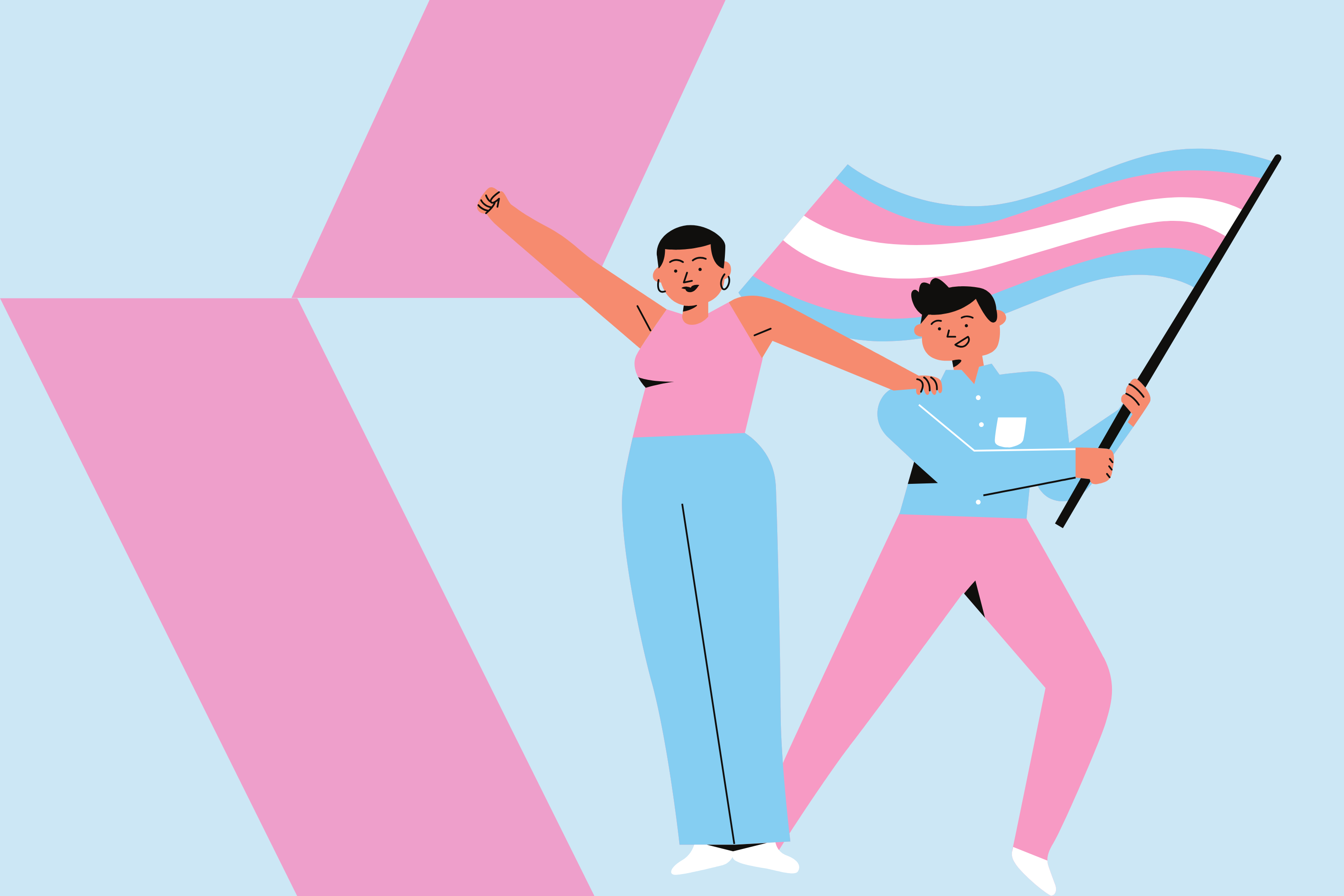 pale blue background with pink shapes and two cartoon people wearing pink and blue clothes, holding a trans flag (pink, blue and white) looking happy