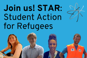 blue background and 4 head and shoulder shots of two male students and two female students, with the caption: JOIN STAR Student Action for Refugees
