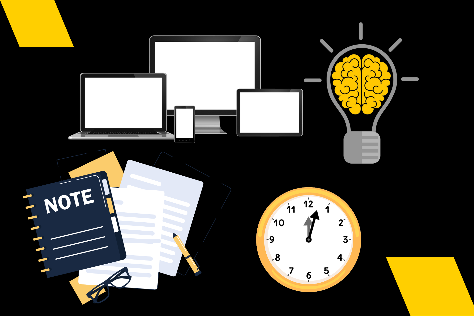 graphics showing laptop, desktop and mobile; notebook, clock, brain in lightbulb icon
