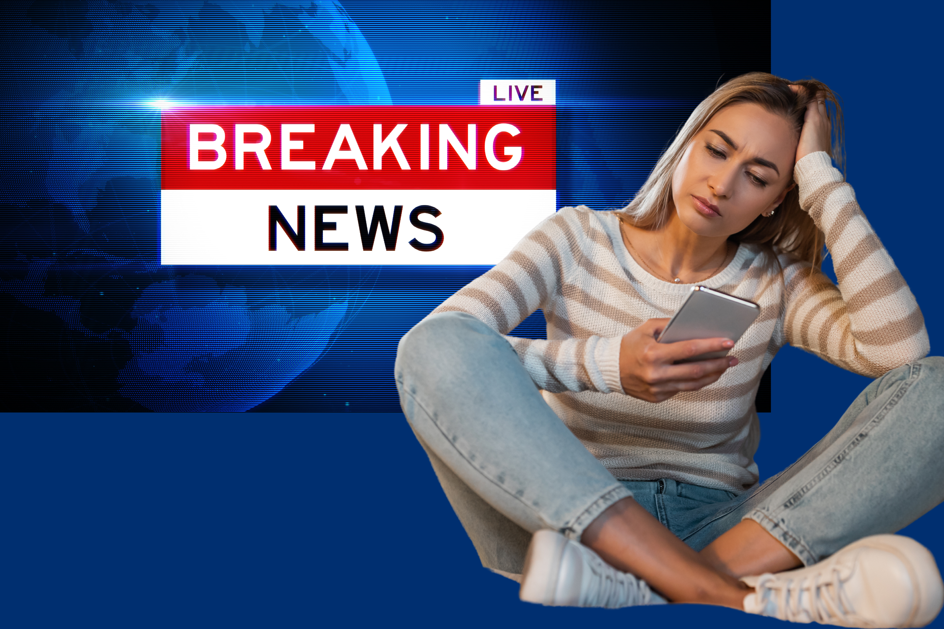 breaking news backdrop with worried looking young woman looking at phone in foreground