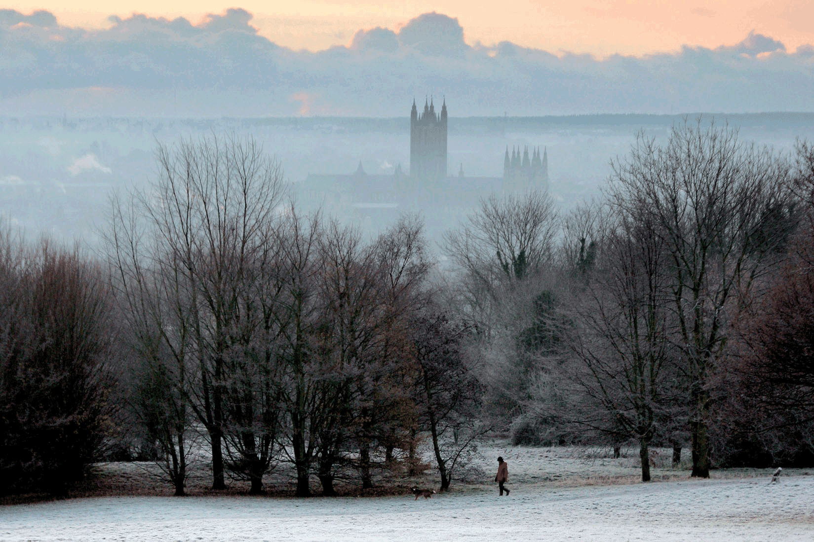 Frosty campus with cathedral in background