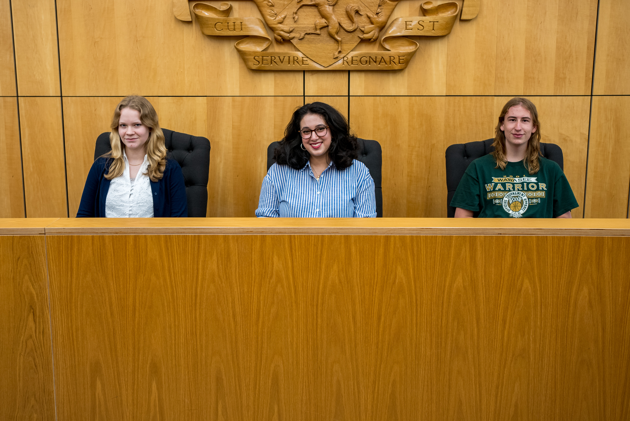 Cassie, Sakina and Harry sat in mooting chamber