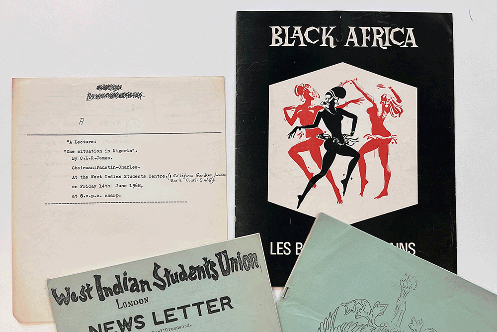 Selection of items from the 1960s in the Faustin Charles Archive collection including advert for a lecture by CLR James andWest Indian Student Union newsletters