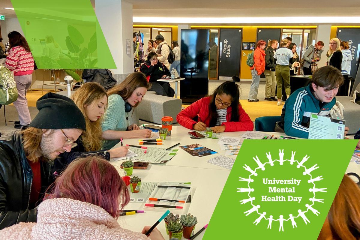 University Mental Health Day logo. Students doing crafts together.