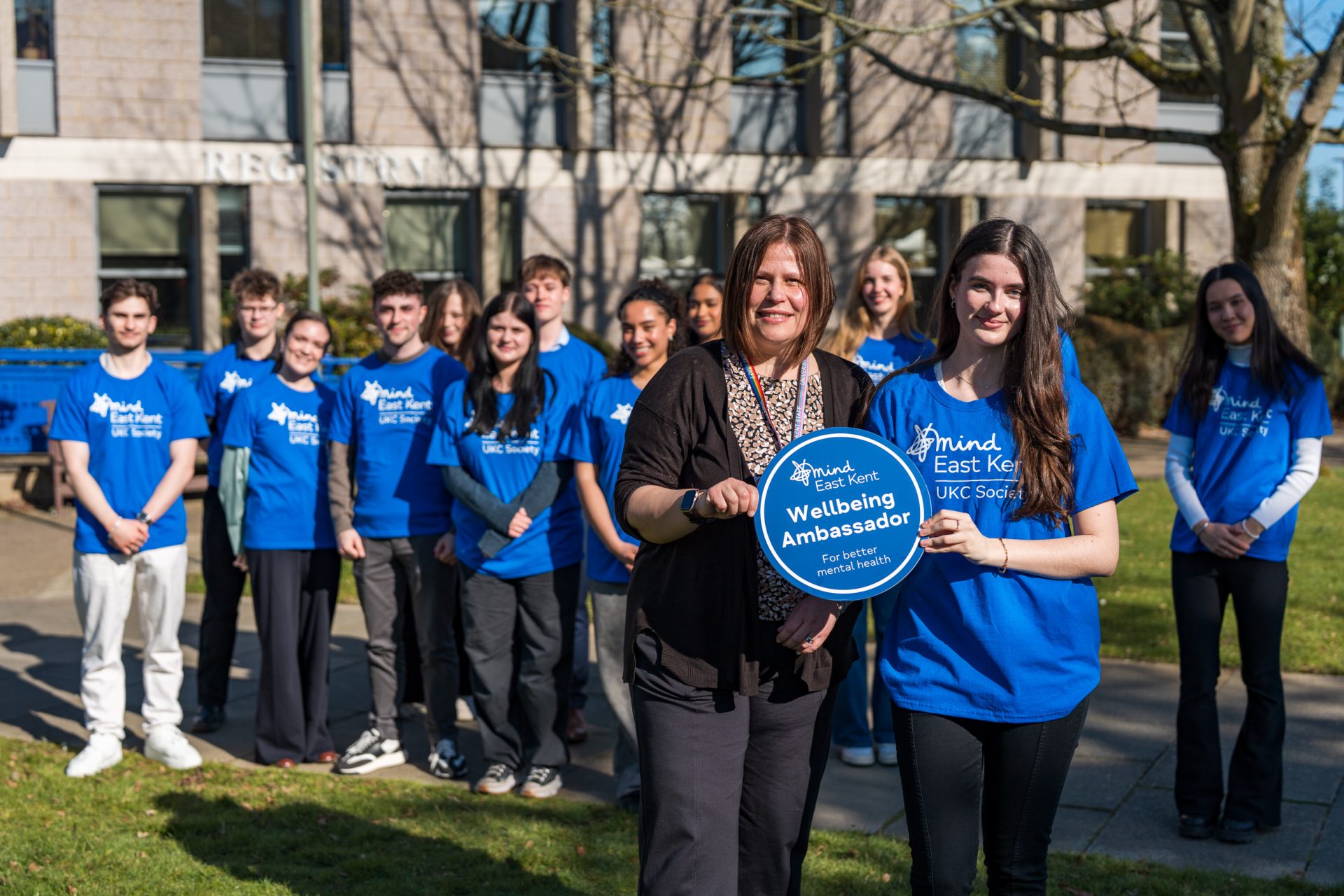 East Kent Mind Ambassadors (students) with interim Vice Chancellor
