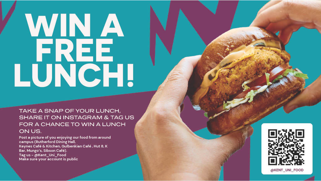 Win a free lunch poster with an image of hands holding a burger with details of the competition