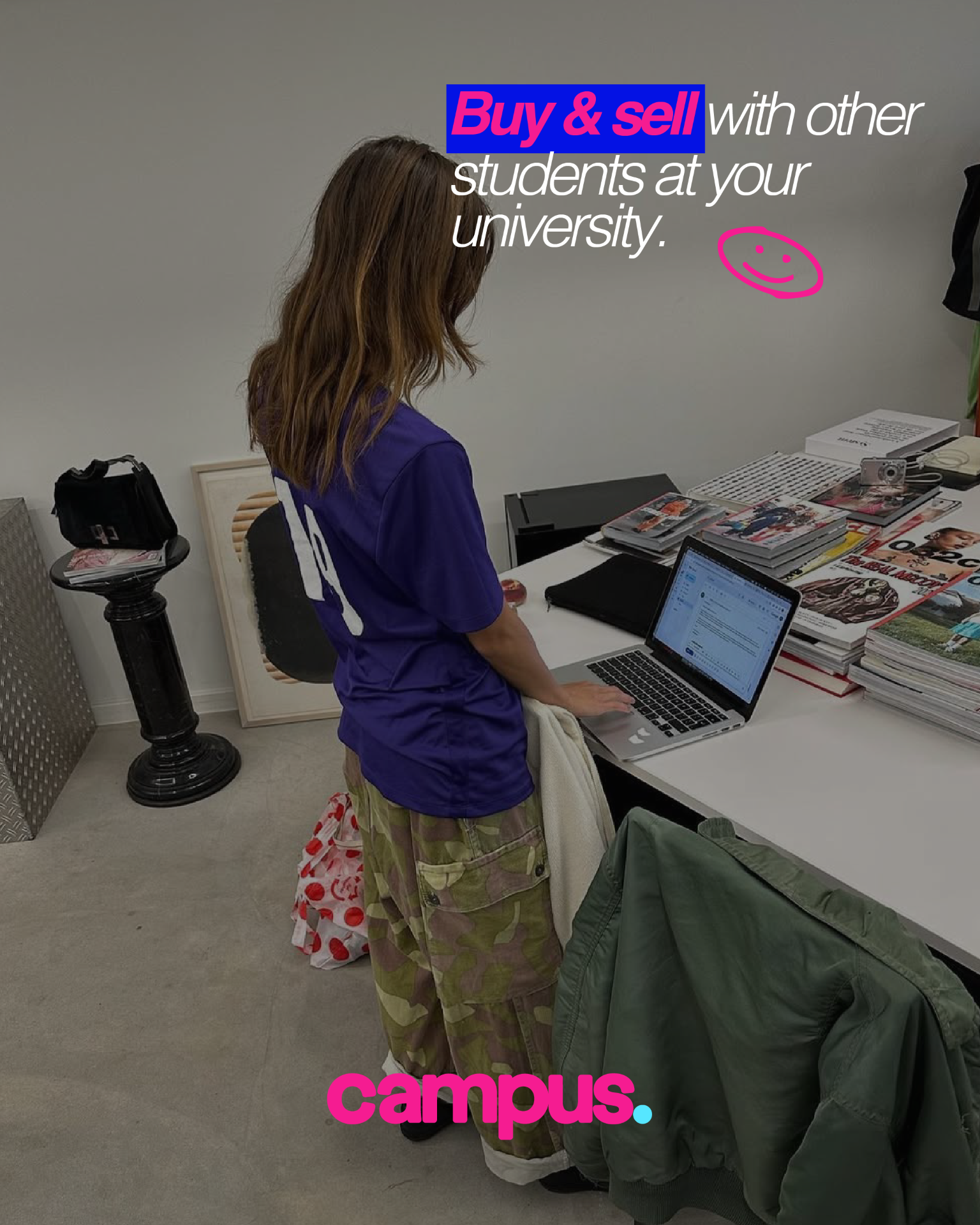 Campus female student taking pictures of her clothes to sell