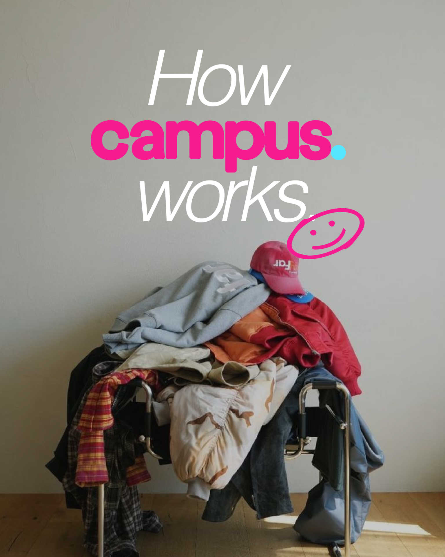 How Campus Works with background image of piles of clothes