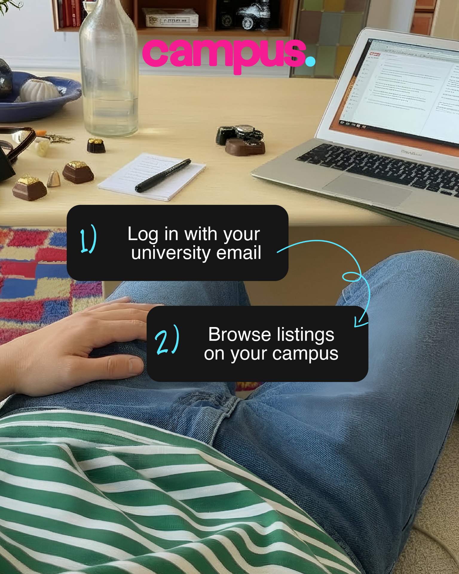 How Campus Works with background image students legs, laptop and instructions