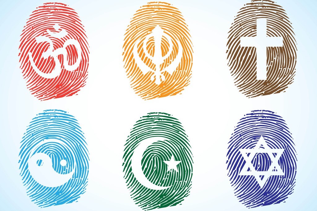 thumb prints of different colours with faith symbols in
