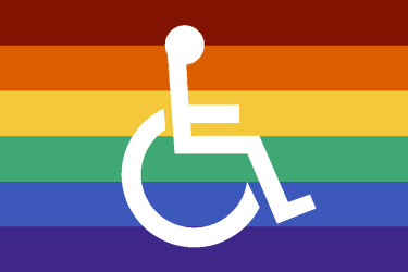 rainbow flag with wheelchair symbol on top