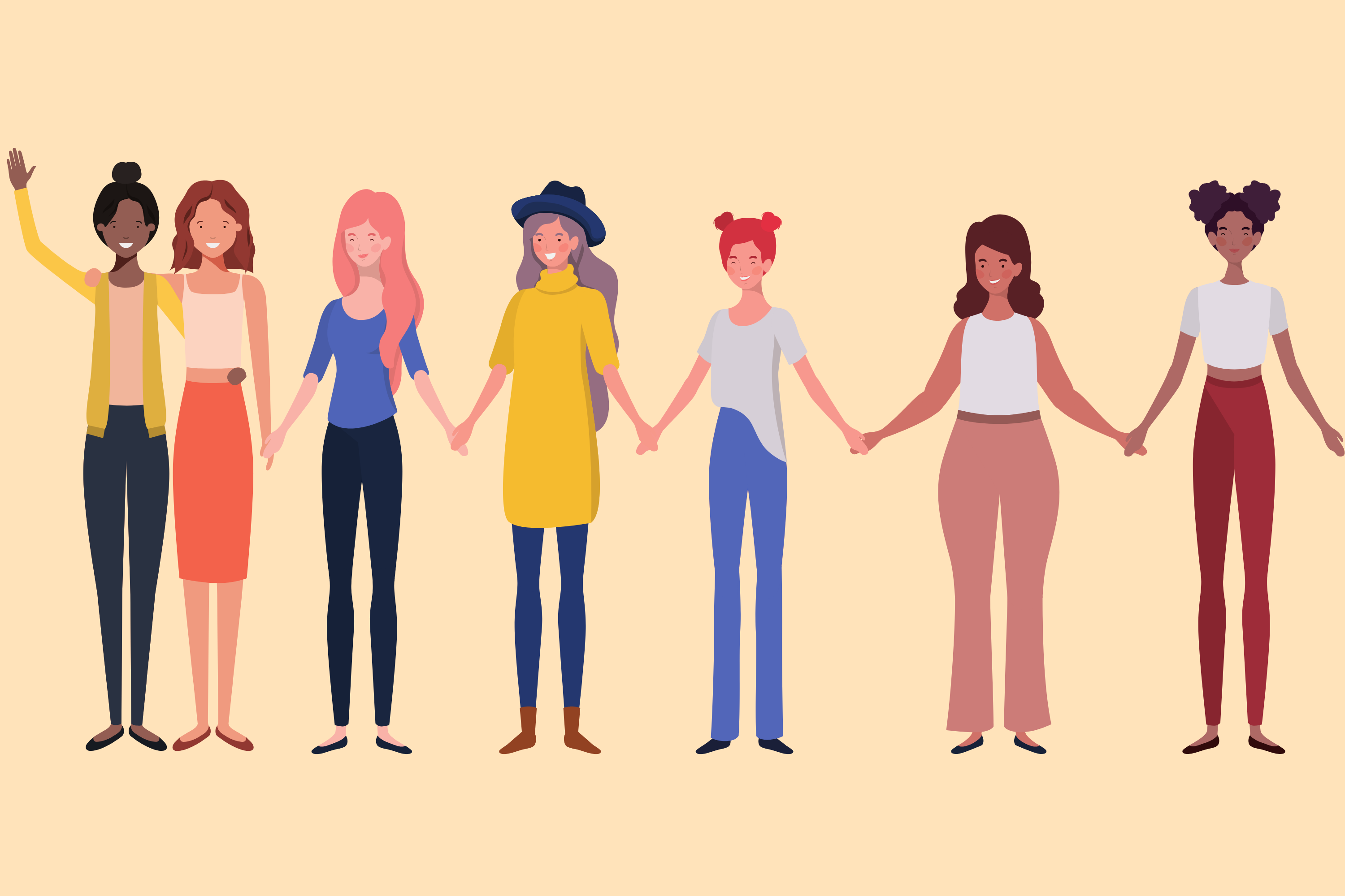 cartoon women of different ethnicities holding hands