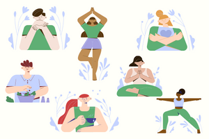 cartoon people relaxing, drinking, eating, stretching, thinking