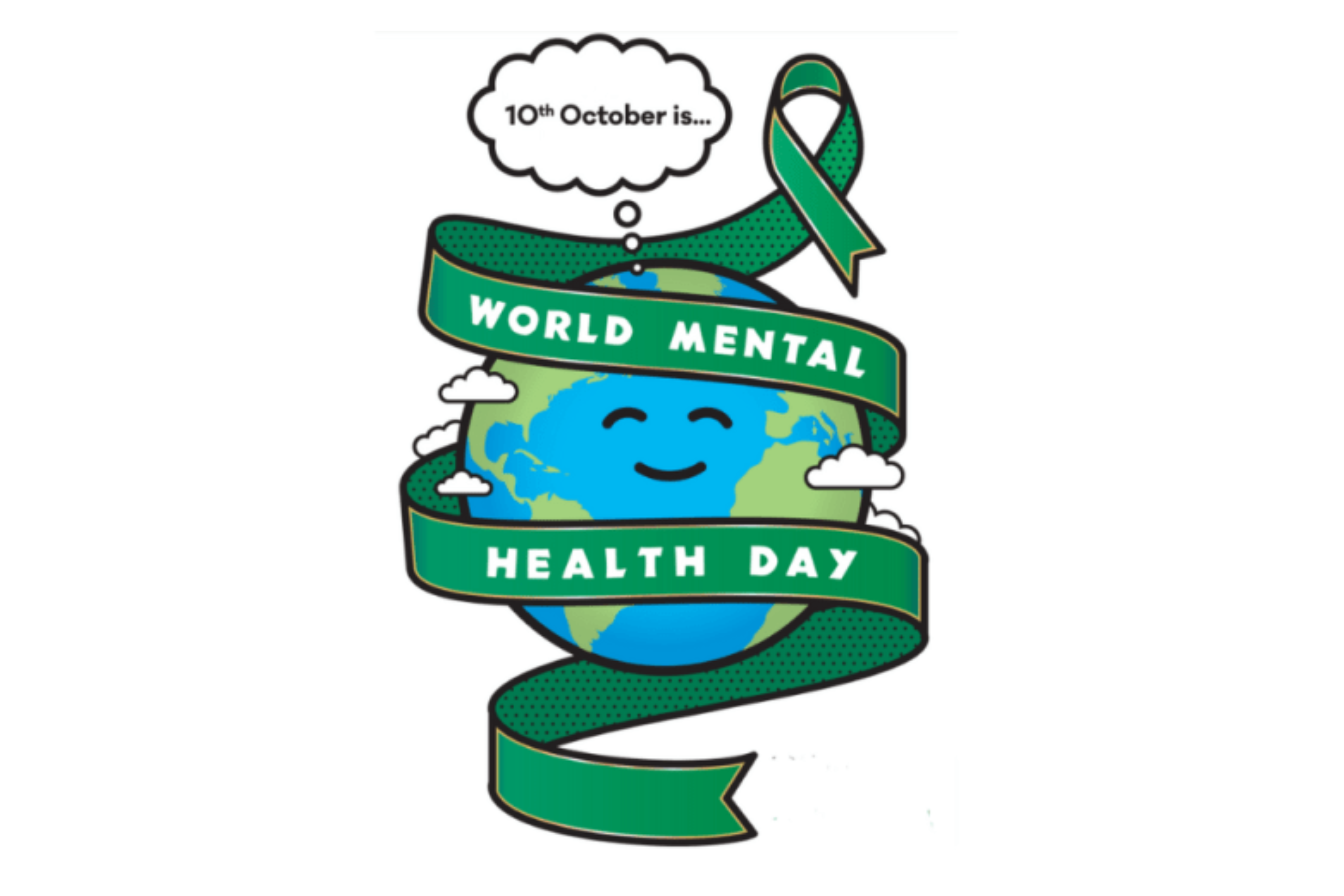 World Mental Health Day icon - globe surrounded by green ribbon which says 'world mental health day'