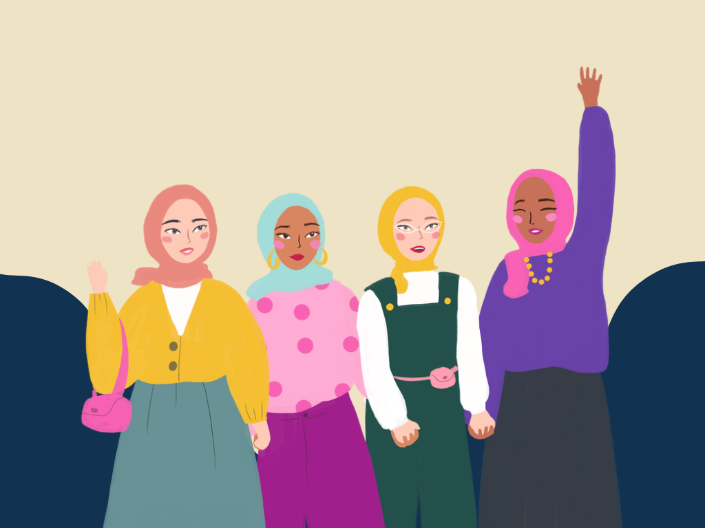 Colourful illustration of four women wearing hijabs