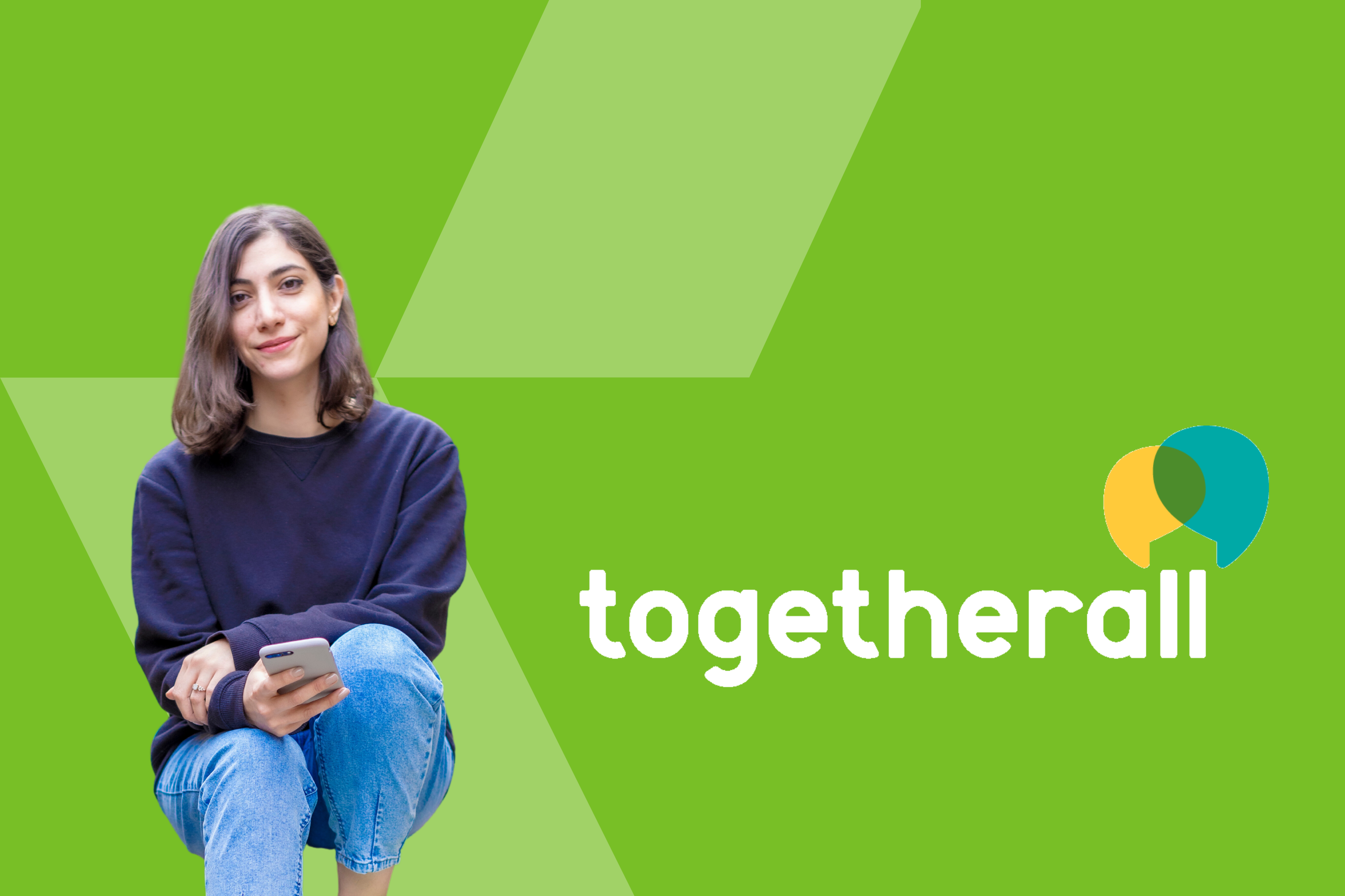 Bright green background with Togetherall logo and student holding phone.